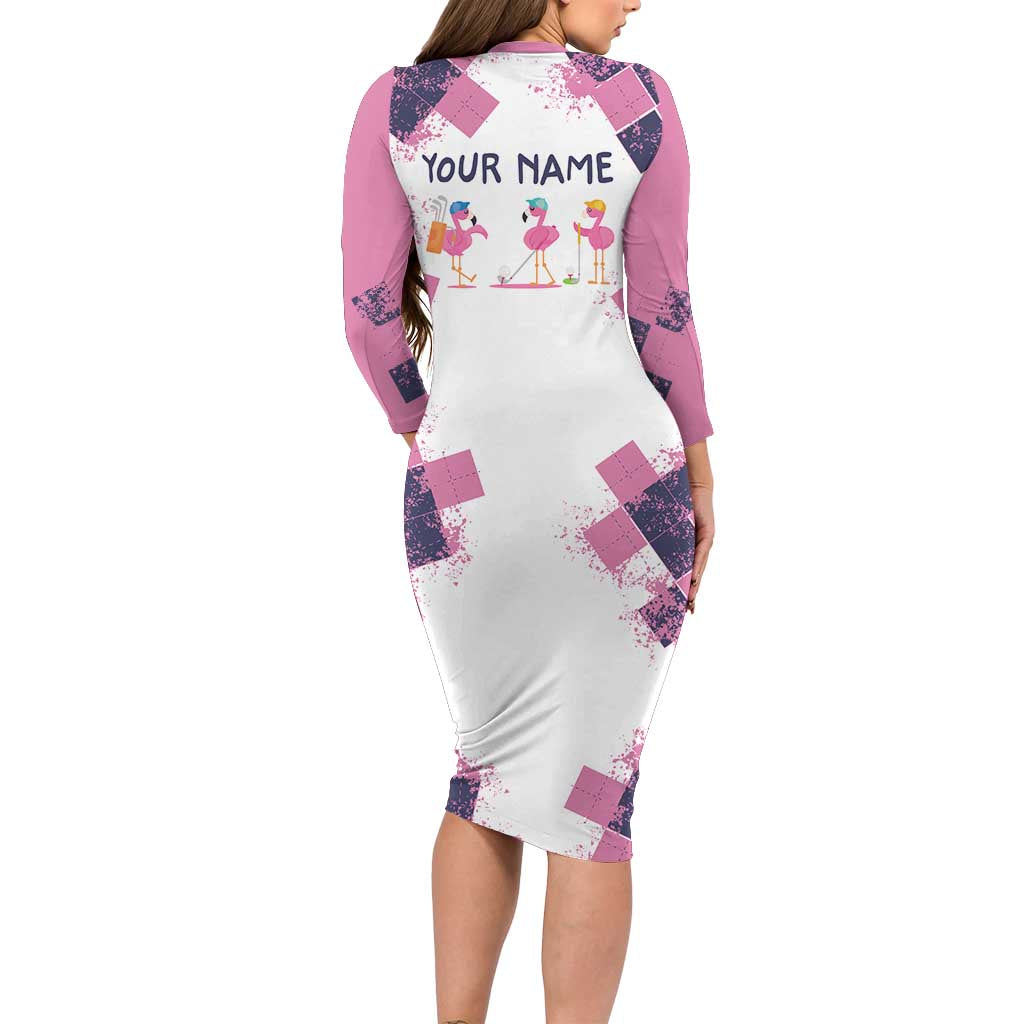 Golf Flamingo Friends Long Sleeve Bodycon Dress Pink Argyle Pattern and Custom Name Text on White and Rose Color Block - Wonder Print Shop
