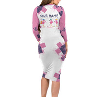 Golf Flamingo Friends Long Sleeve Bodycon Dress Pink Argyle Pattern and Custom Name Text on White and Rose Color Block - Wonder Print Shop