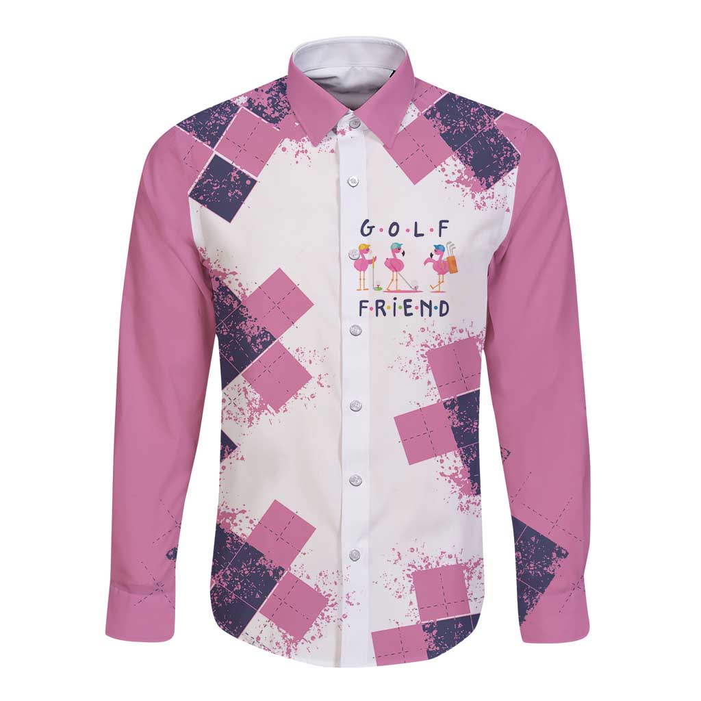 Golf Flamingo Friends Long Sleeve Button Shirt Pink Argyle Pattern and Custom Name Text on White and Rose Color Block - Wonder Print Shop