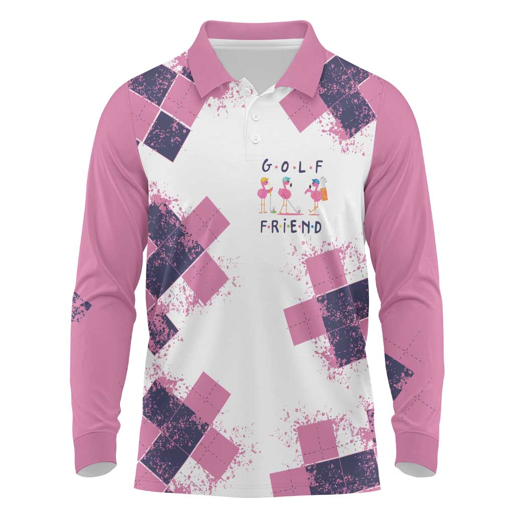 Golf Flamingo Friends Long Sleeve Polo Shirt Pink Argyle Pattern and Custom Name Text on White and Rose Color Block - Wonder Print Shop