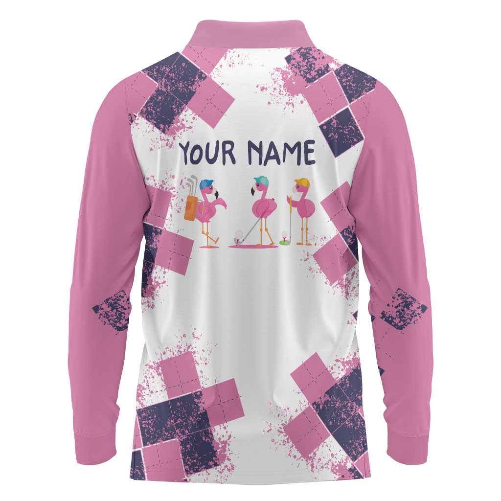 Golf Flamingo Friends Long Sleeve Polo Shirt Pink Argyle Pattern and Custom Name Text on White and Rose Color Block - Wonder Print Shop