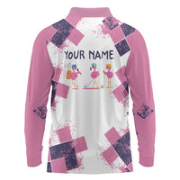 Golf Flamingo Friends Long Sleeve Polo Shirt Pink Argyle Pattern and Custom Name Text on White and Rose Color Block - Wonder Print Shop