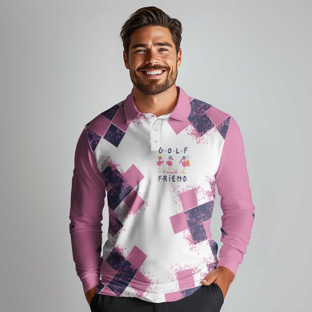 Golf Flamingo Friends Long Sleeve Polo Shirt Pink Argyle Pattern and Custom Name Text on White and Rose Color Block - Wonder Print Shop