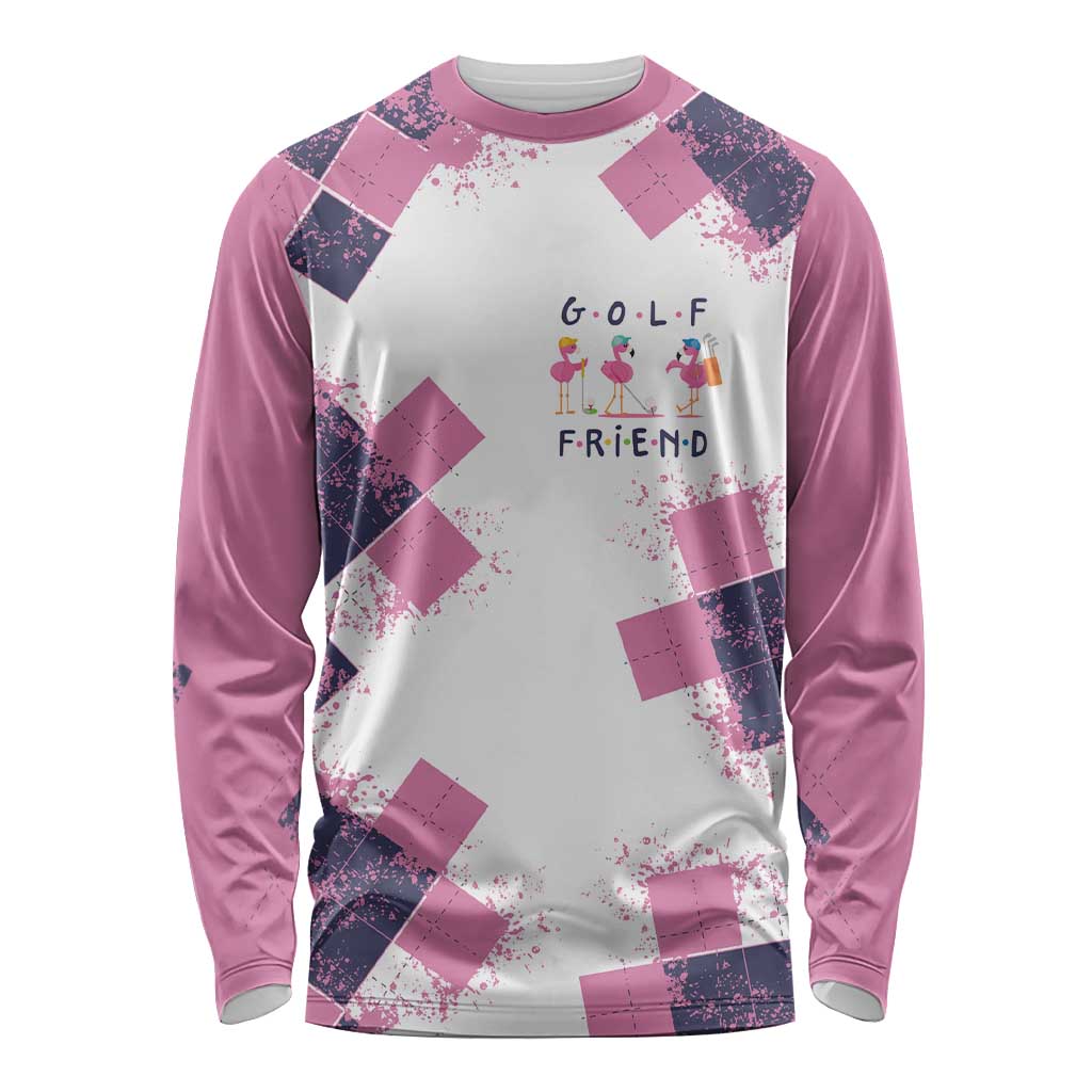 Golf Flamingo Friends Long Sleeve Shirt Pink Argyle Pattern and Custom Name Text on White and Rose Color Block - Wonder Print Shop