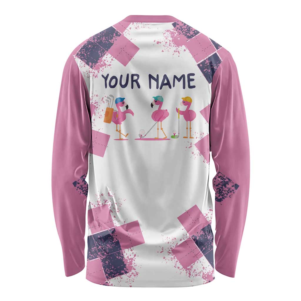 Golf Flamingo Friends Long Sleeve Shirt Pink Argyle Pattern and Custom Name Text on White and Rose Color Block - Wonder Print Shop