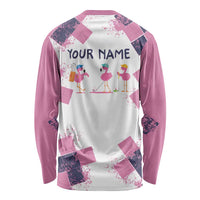 Golf Flamingo Friends Long Sleeve Shirt Pink Argyle Pattern and Custom Name Text on White and Rose Color Block - Wonder Print Shop