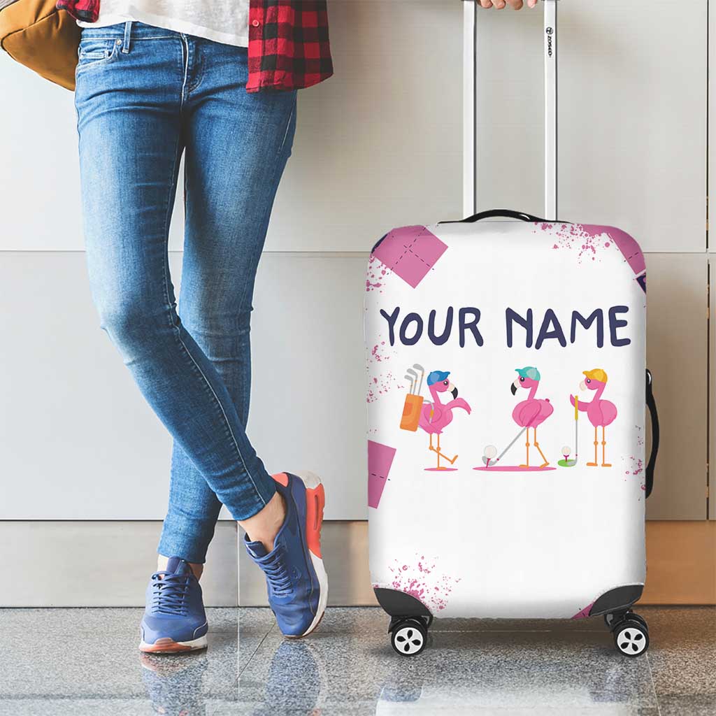 Golf Flamingo Friends Luggage Cover Pink Argyle Pattern and Custom Name Text on White and Rose Color Block - Wonder Print Shop