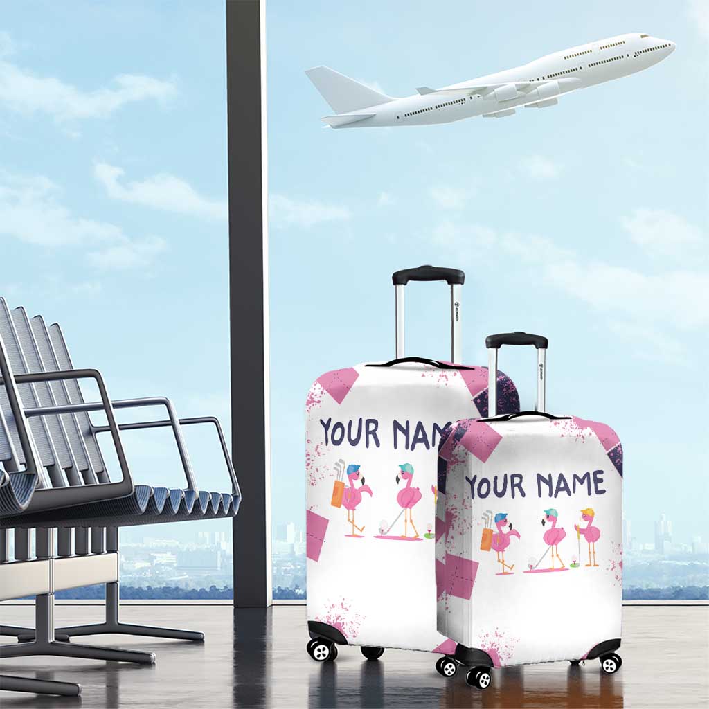 Golf Flamingo Friends Luggage Cover Pink Argyle Pattern and Custom Name Text on White and Rose Color Block - Wonder Print Shop