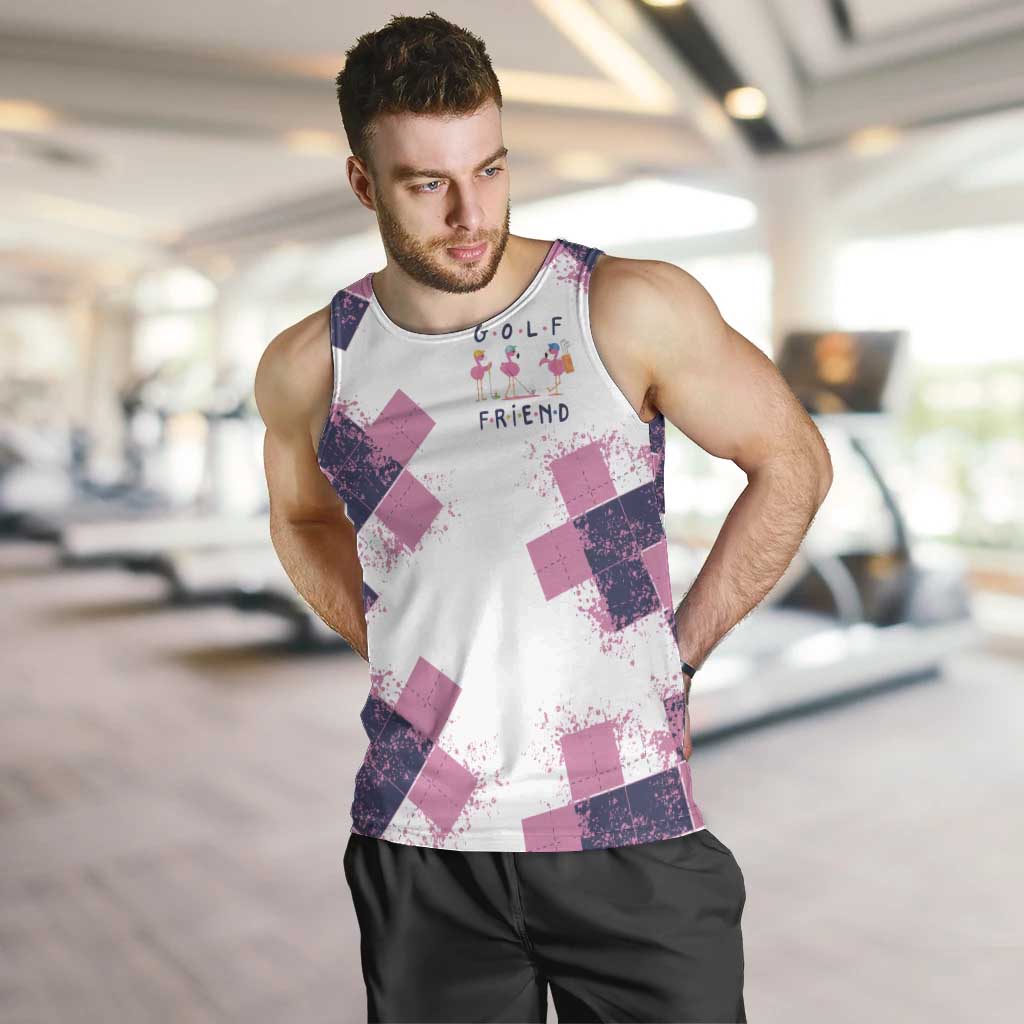 Golf Flamingo Friends Men Tank Top Pink Argyle Pattern and Custom Name Text on White and Rose Color Block - Wonder Print Shop