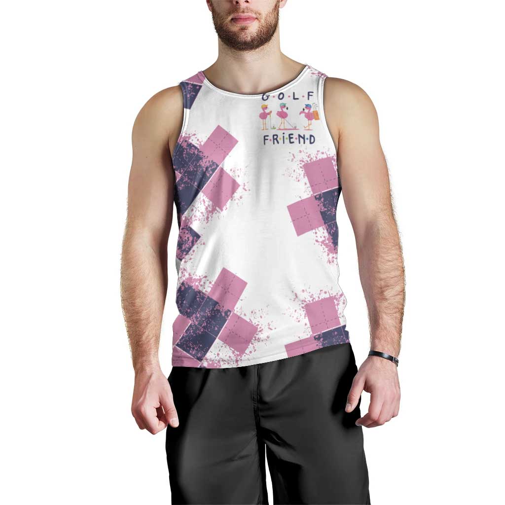 Golf Flamingo Friends Men Tank Top Pink Argyle Pattern and Custom Name Text on White and Rose Color Block - Wonder Print Shop