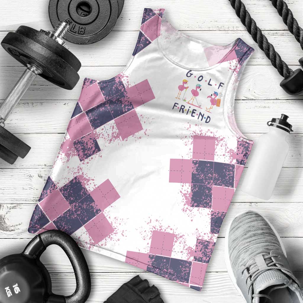 Golf Flamingo Friends Men Tank Top Pink Argyle Pattern and Custom Name Text on White and Rose Color Block - Wonder Print Shop