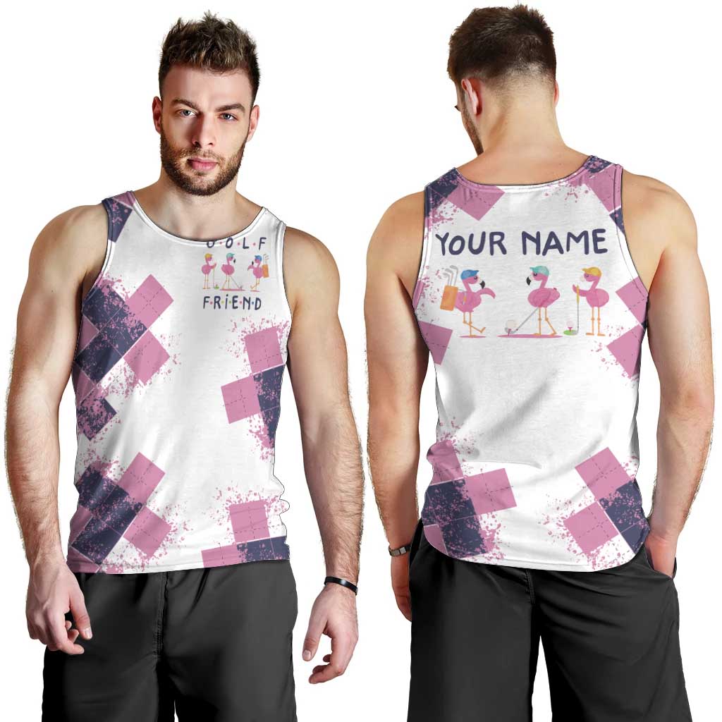 Golf Flamingo Friends Men Tank Top Pink Argyle Pattern and Custom Name Text on White and Rose Color Block - Wonder Print Shop