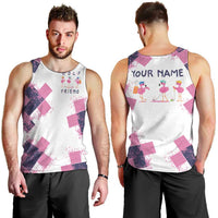 Golf Flamingo Friends Men Tank Top Pink Argyle Pattern and Custom Name Text on White and Rose Color Block - Wonder Print Shop
