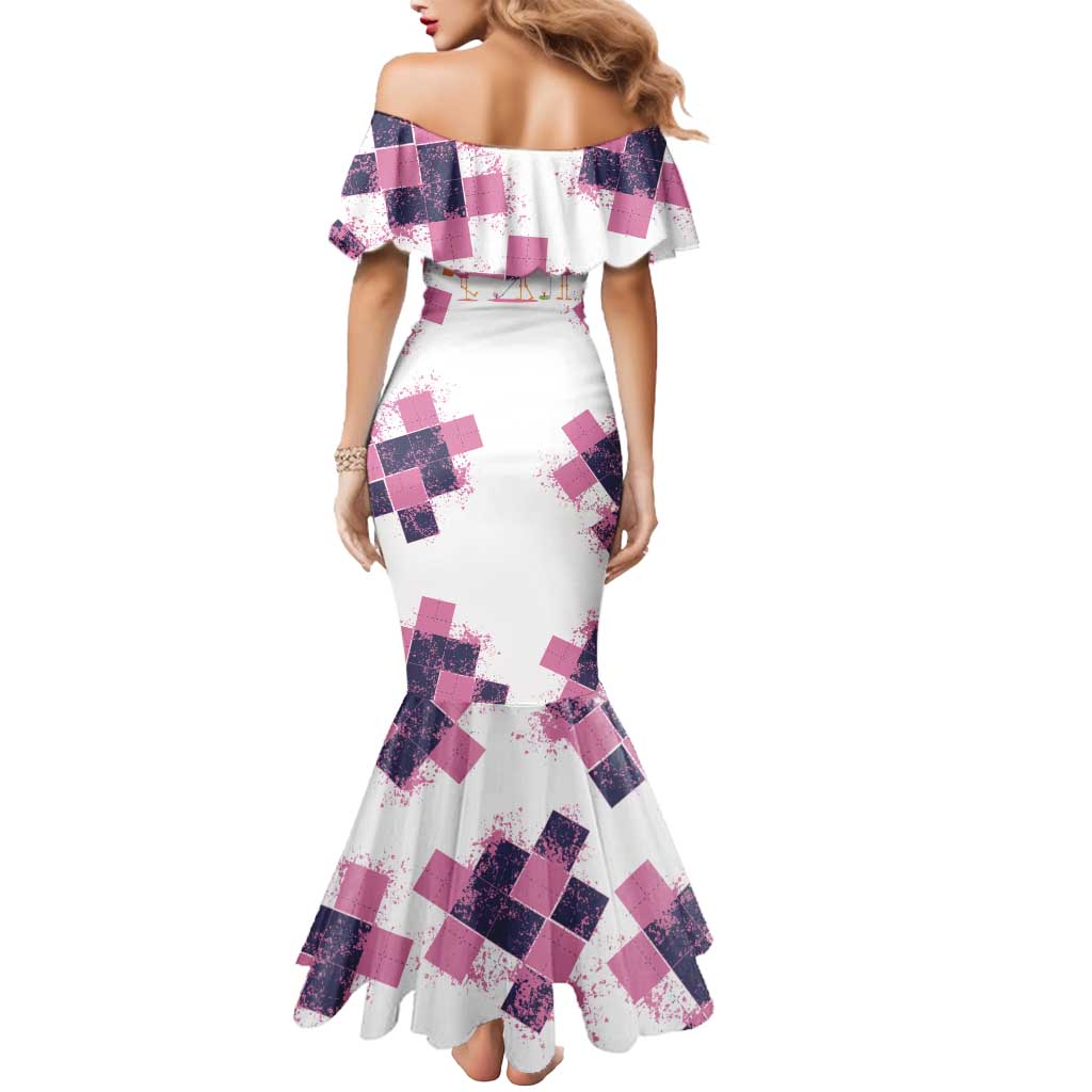 Golf Flamingo Friends Mermaid Dress Pink Argyle Pattern and Custom Name Text on White and Rose Color Block - Wonder Print Shop