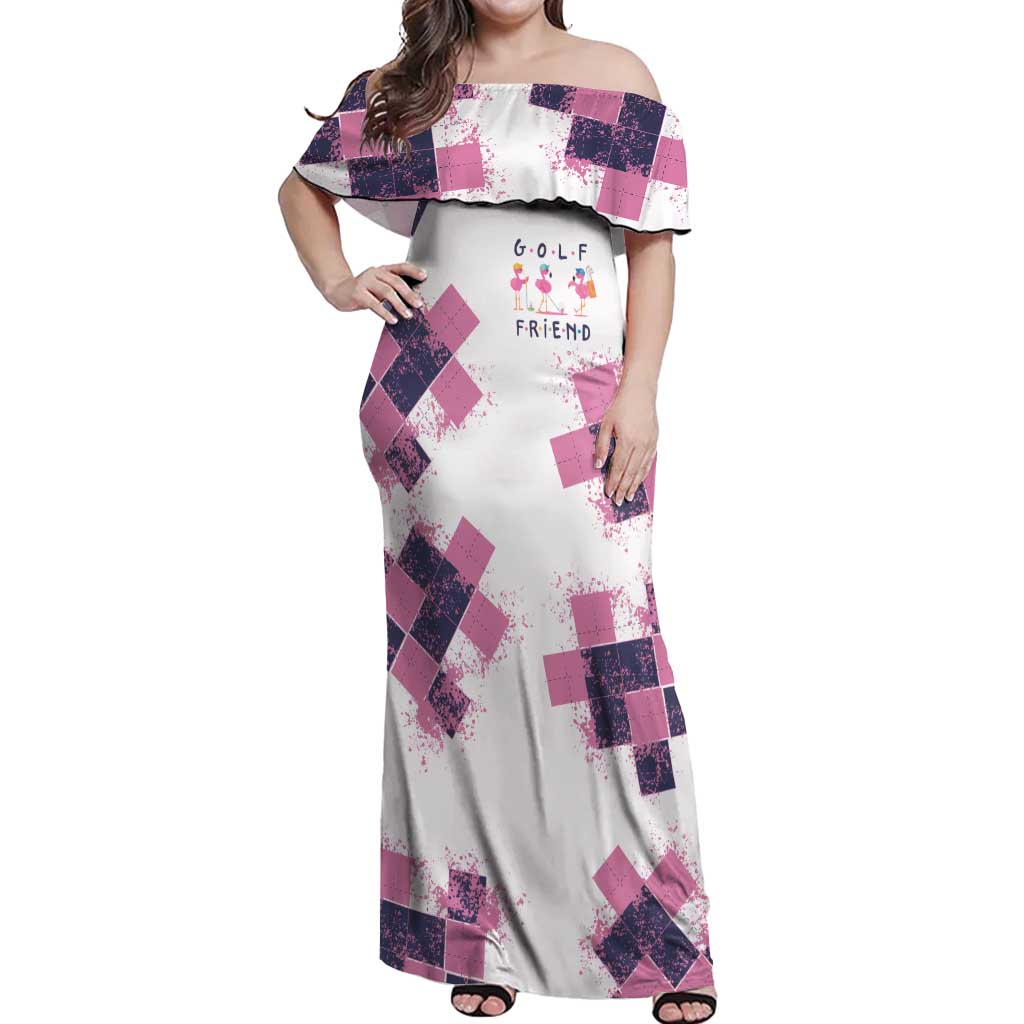 Golf Flamingo Friends Off Shoulder Maxi Dress Pink Argyle Pattern and Custom Name Text on White and Rose Color Block - Wonder Print Shop