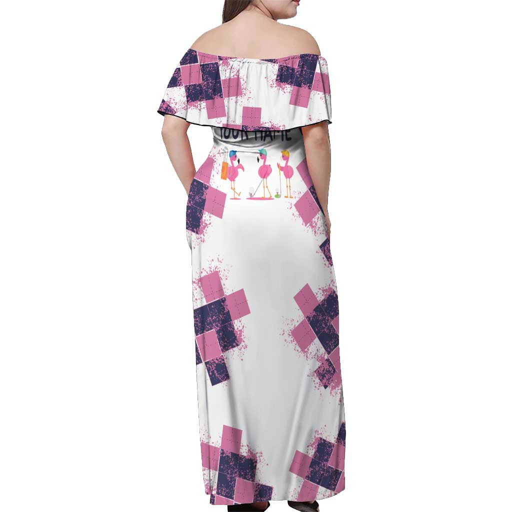 Golf Flamingo Friends Off Shoulder Maxi Dress Pink Argyle Pattern and Custom Name Text on White and Rose Color Block - Wonder Print Shop