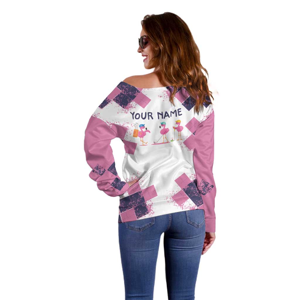 Golf Flamingo Friends Off Shoulder Sweater Pink Argyle Pattern and Custom Name Text on White and Rose Color Block - Wonder Print Shop