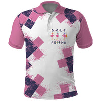 Golf Flamingo Friends Polo Shirt Pink Argyle Pattern and Custom Name Text on White and Rose Color Block - Wonder Print Shop