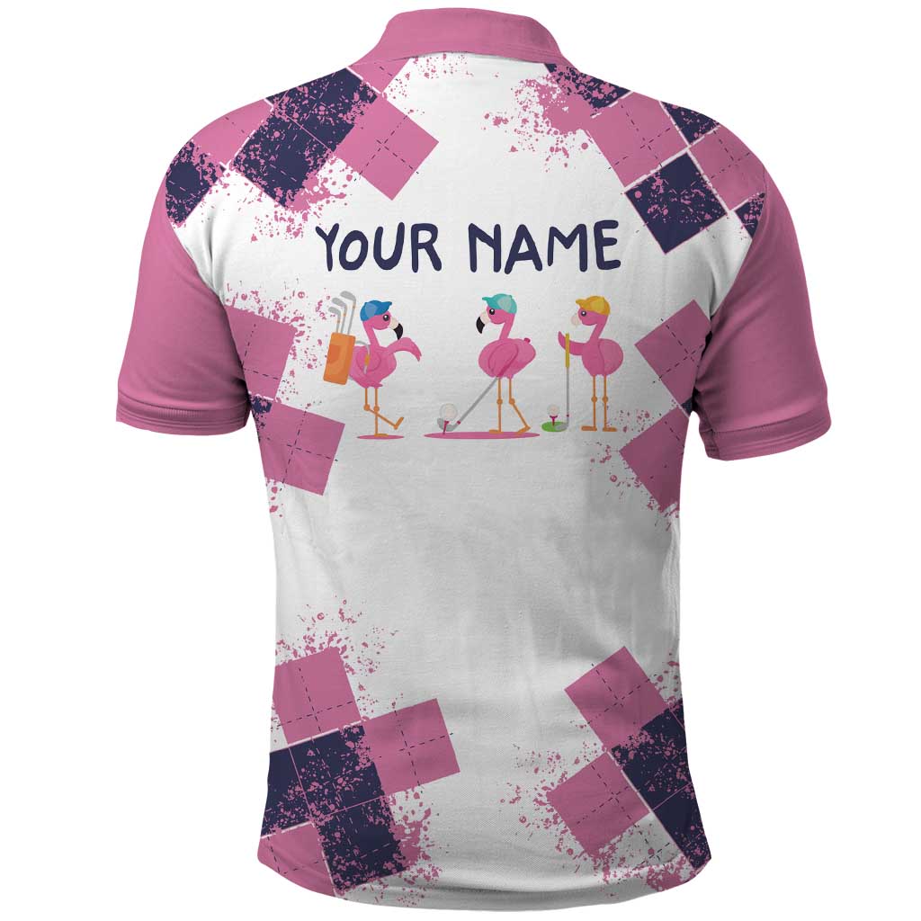 Golf Flamingo Friends Polo Shirt Pink Argyle Pattern and Custom Name Text on White and Rose Color Block - Wonder Print Shop