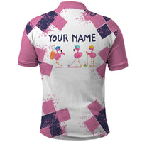 Golf Flamingo Friends Polo Shirt Pink Argyle Pattern and Custom Name Text on White and Rose Color Block - Wonder Print Shop
