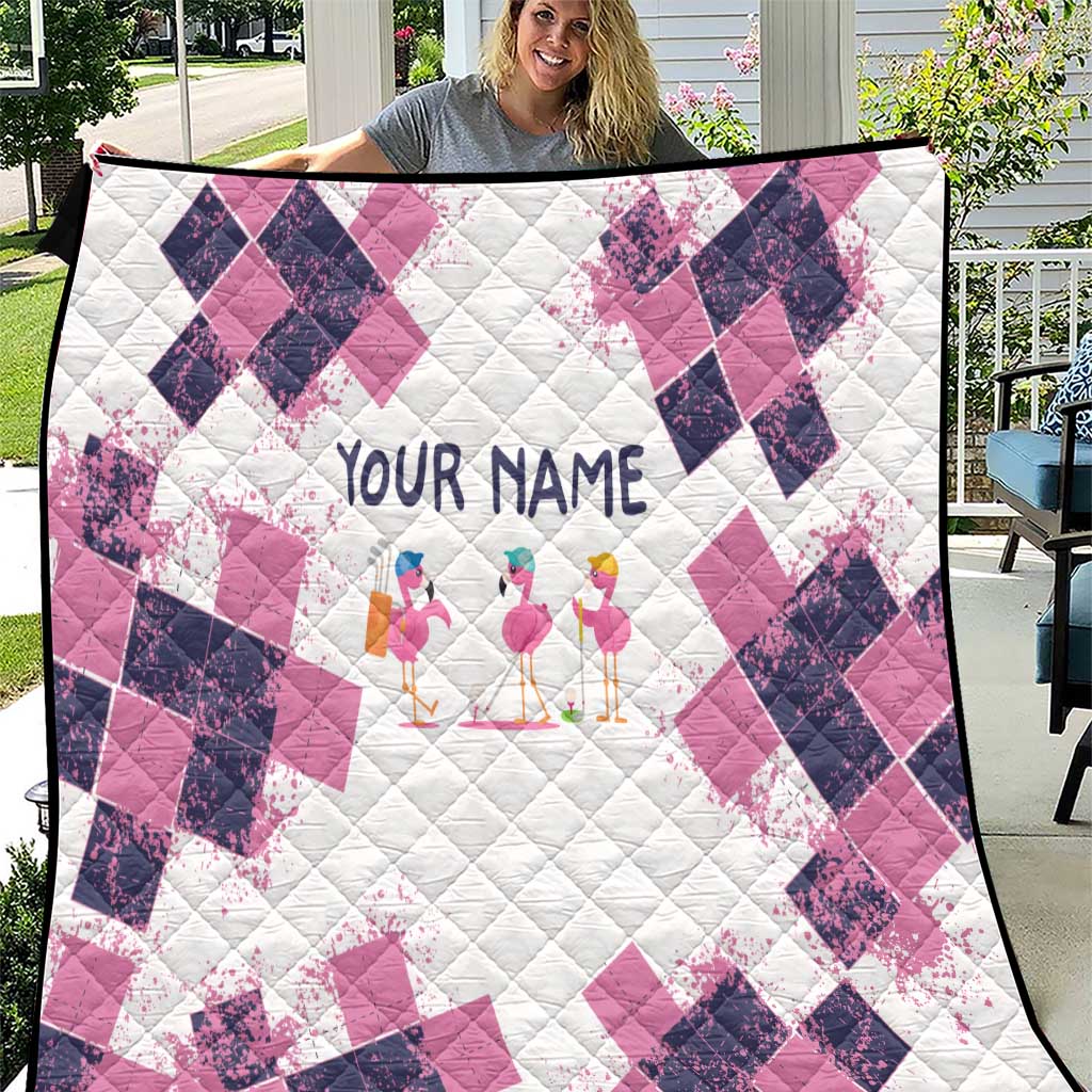 Golf Flamingo Friends Quilt Pink Argyle Pattern and Custom Name Text on White and Rose Color Block - Wonder Print Shop