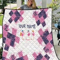 Golf Flamingo Friends Quilt Pink Argyle Pattern and Custom Name Text on White and Rose Color Block - Wonder Print Shop