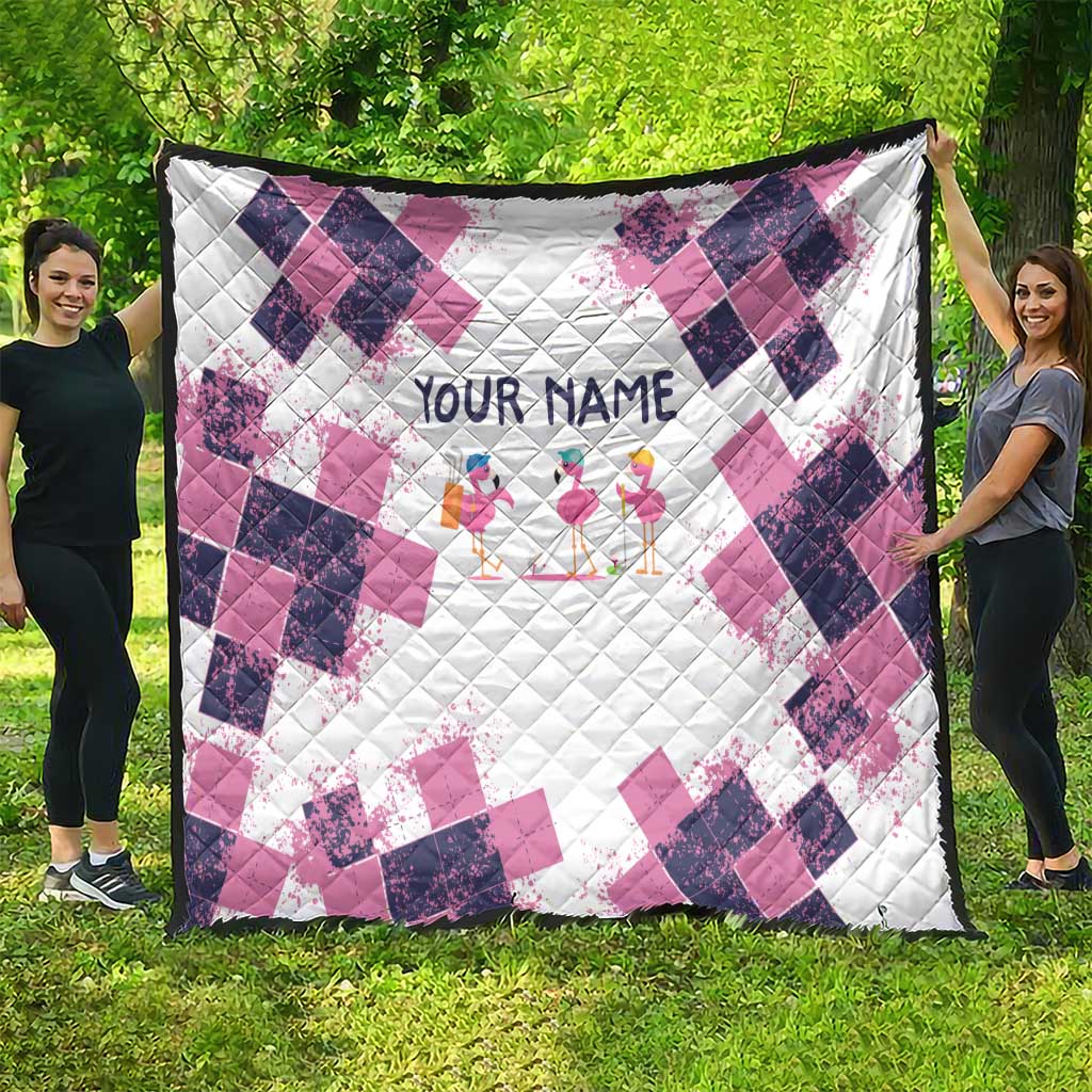 Golf Flamingo Friends Quilt Pink Argyle Pattern and Custom Name Text on White and Rose Color Block - Wonder Print Shop