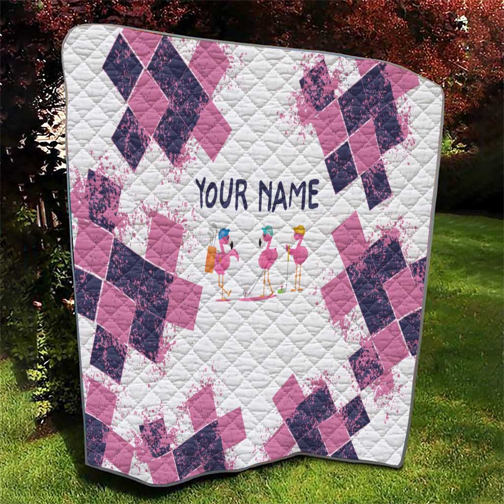 Golf Flamingo Friends Quilt Pink Argyle Pattern and Custom Name Text on White and Rose Color Block - Wonder Print Shop