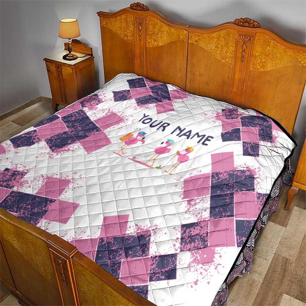 Golf Flamingo Friends Quilt Pink Argyle Pattern and Custom Name Text on White and Rose Color Block - Wonder Print Shop