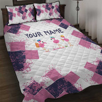 Golf Flamingo Friends Quilt Bed Set Pink Argyle Pattern and Custom Name Text on White and Rose Color Block - Wonder Print Shop