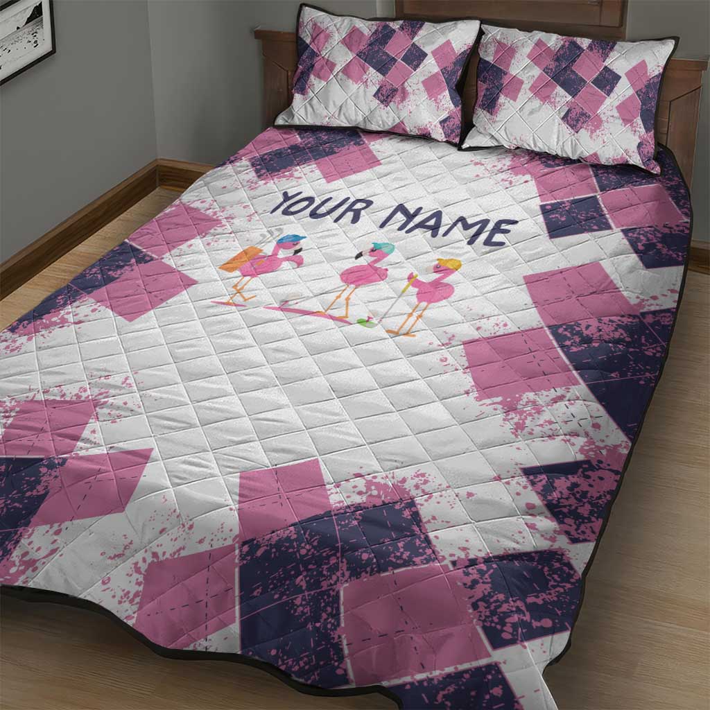Golf Flamingo Friends Quilt Bed Set Pink Argyle Pattern and Custom Name Text on White and Rose Color Block - Wonder Print Shop