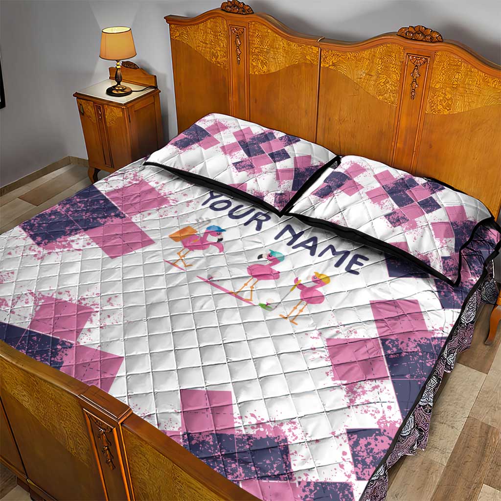 Golf Flamingo Friends Quilt Bed Set Pink Argyle Pattern and Custom Name Text on White and Rose Color Block - Wonder Print Shop