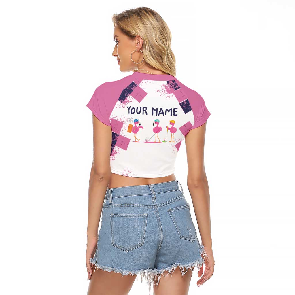 Golf Flamingo Friends Raglan Cropped T Shirt Pink Argyle Pattern and Custom Name Text on White and Rose Color Block - Wonder Print Shop