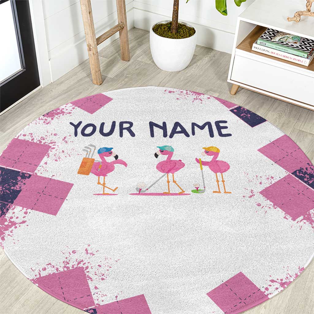 Golf Flamingo Friends Round Carpet Pink Argyle Pattern and Custom Name Text on White and Rose Color Block - Wonder Print Shop