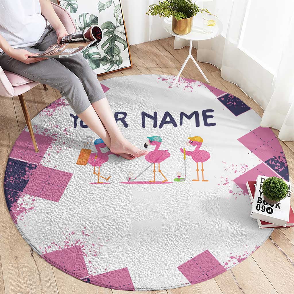 Golf Flamingo Friends Round Carpet Pink Argyle Pattern and Custom Name Text on White and Rose Color Block - Wonder Print Shop