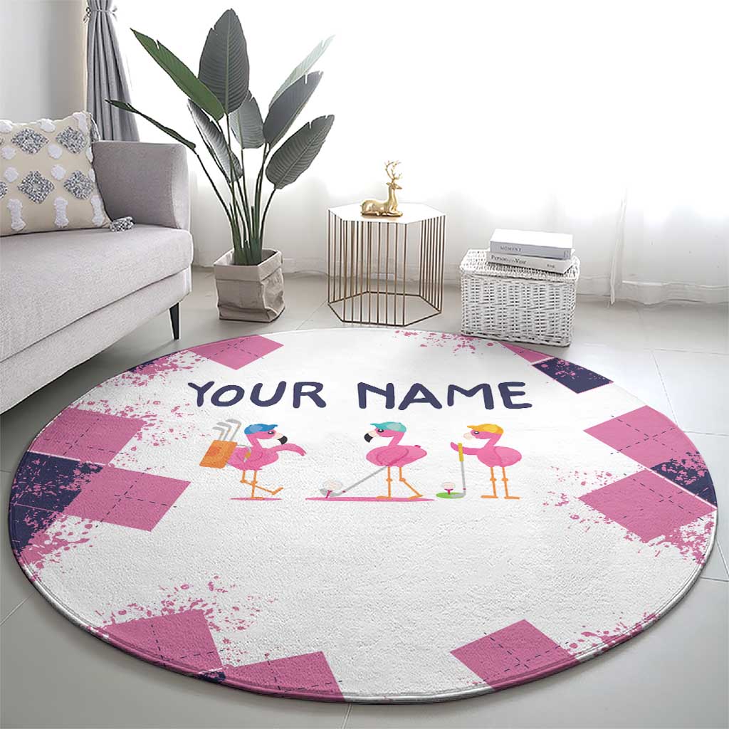 Golf Flamingo Friends Round Carpet Pink Argyle Pattern and Custom Name Text on White and Rose Color Block - Wonder Print Shop