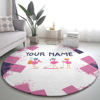 Golf Flamingo Friends Round Carpet Pink Argyle Pattern and Custom Name Text on White and Rose Color Block - Wonder Print Shop