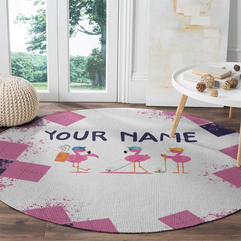 Golf Flamingo Friends Round Carpet Pink Argyle Pattern and Custom Name Text on White and Rose Color Block - Wonder Print Shop