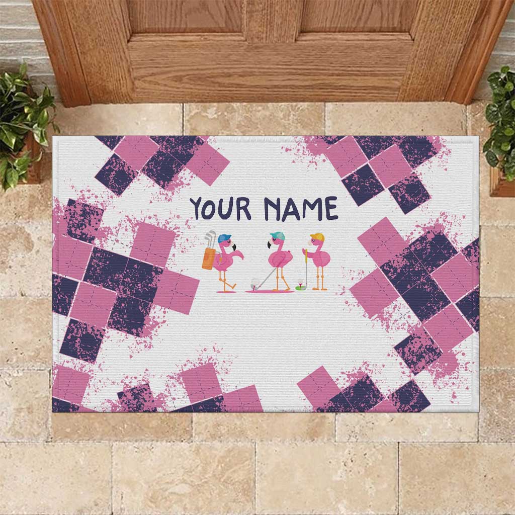 Golf Flamingo Friends Rubber Doormat Pink Argyle Pattern and Custom Name Text on White and Rose Color Block - Wonder Print Shop