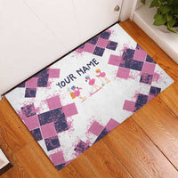 Golf Flamingo Friends Rubber Doormat Pink Argyle Pattern and Custom Name Text on White and Rose Color Block - Wonder Print Shop