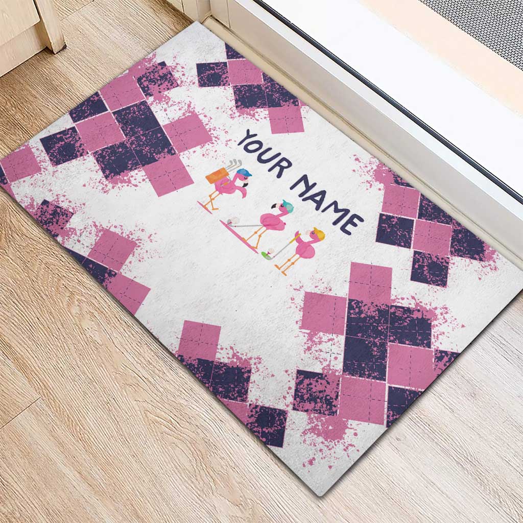 Golf Flamingo Friends Rubber Doormat Pink Argyle Pattern and Custom Name Text on White and Rose Color Block - Wonder Print Shop