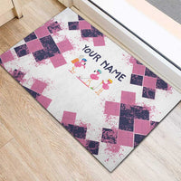 Golf Flamingo Friends Rubber Doormat Pink Argyle Pattern and Custom Name Text on White and Rose Color Block - Wonder Print Shop