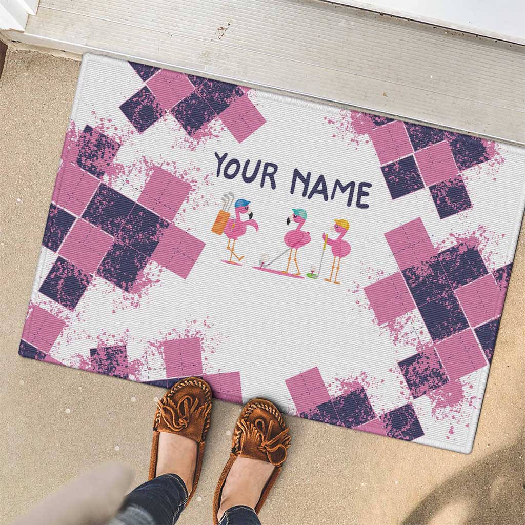 Golf Flamingo Friends Rubber Doormat Pink Argyle Pattern and Custom Name Text on White and Rose Color Block - Wonder Print Shop