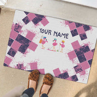 Golf Flamingo Friends Rubber Doormat Pink Argyle Pattern and Custom Name Text on White and Rose Color Block - Wonder Print Shop