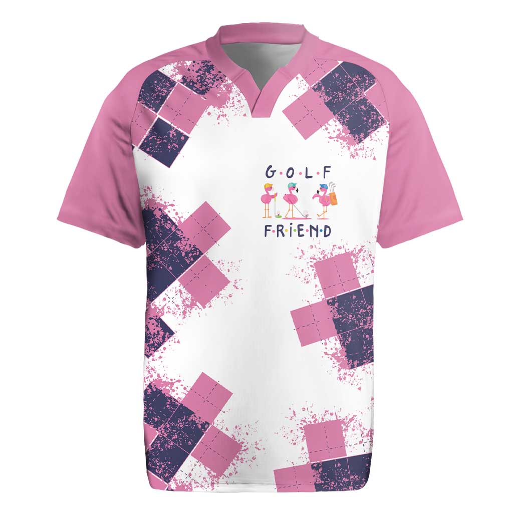 Golf Flamingo Friends Rugby Jersey Pink Argyle Pattern and Custom Name Text on White and Rose Color Block - Wonder Print Shop