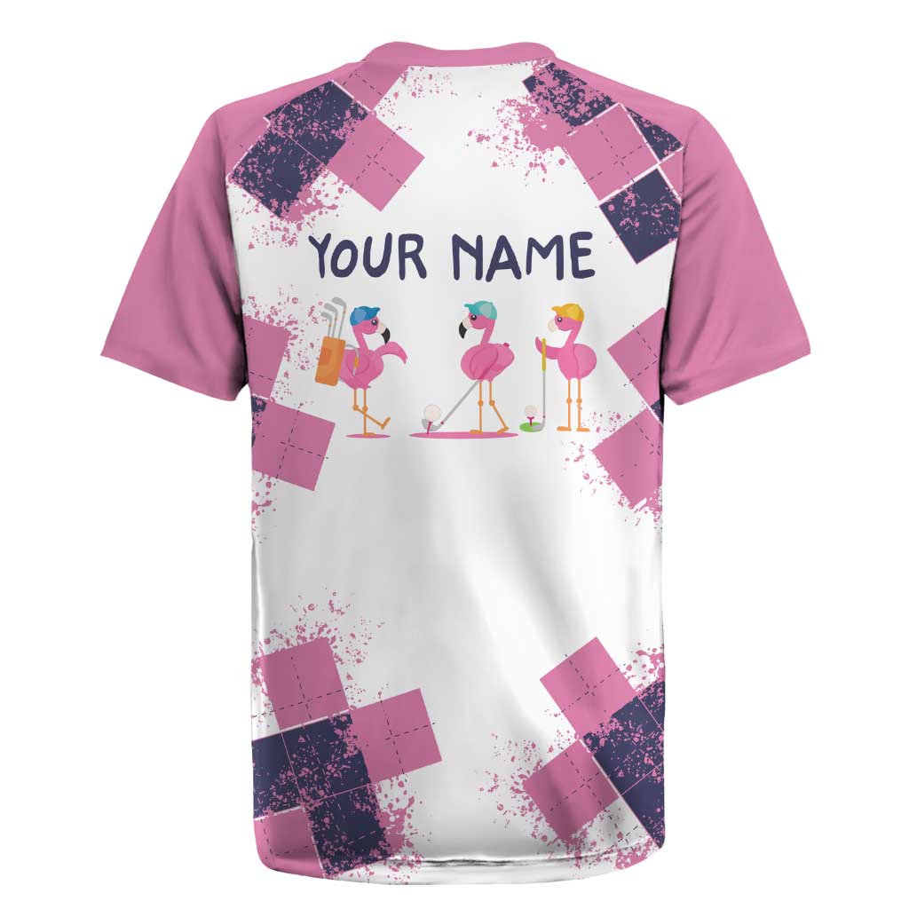 Golf Flamingo Friends Rugby Jersey Pink Argyle Pattern and Custom Name Text on White and Rose Color Block - Wonder Print Shop
