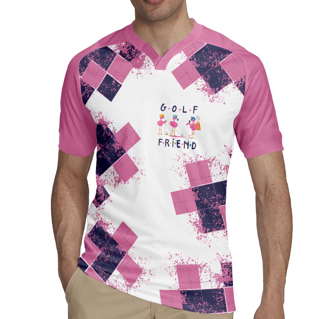 Golf Flamingo Friends Rugby Jersey Pink Argyle Pattern and Custom Name Text on White and Rose Color Block - Wonder Print Shop