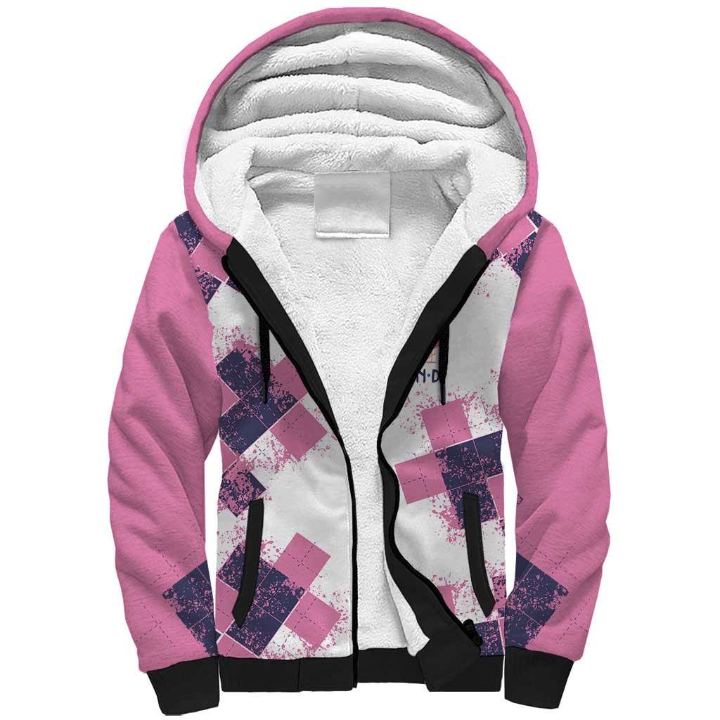 Golf Flamingo Friends Sherpa Hoodie Pink Argyle Pattern and Custom Name Text on White and Rose Color Block - Wonder Print Shop