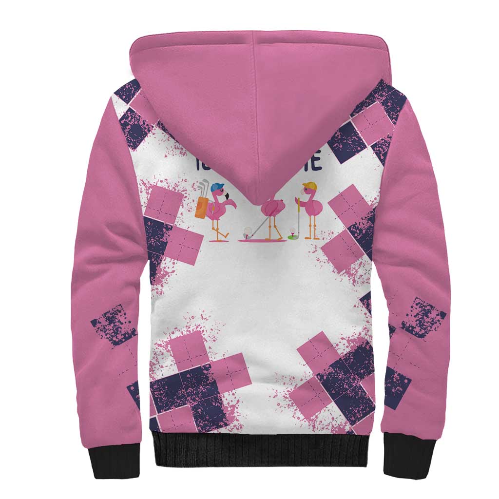 Golf Flamingo Friends Sherpa Hoodie Pink Argyle Pattern and Custom Name Text on White and Rose Color Block - Wonder Print Shop