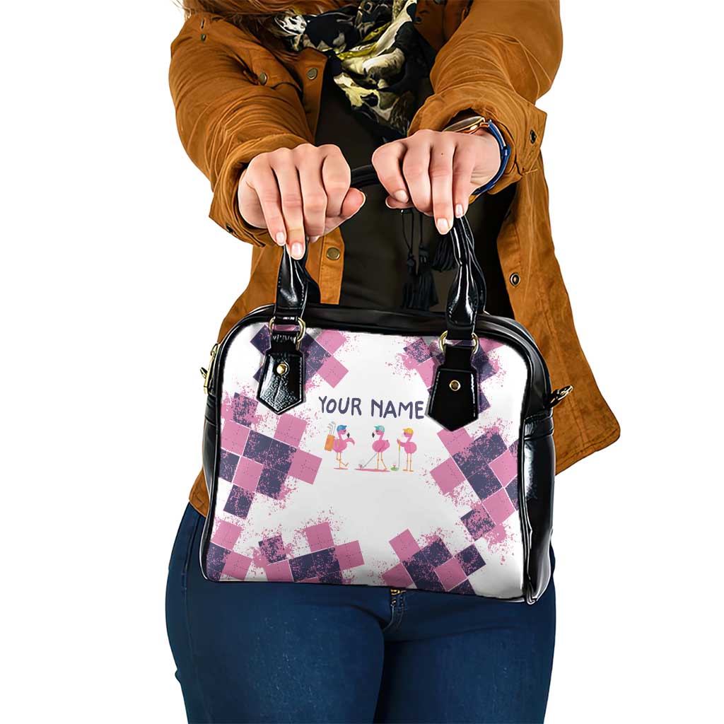 Golf Flamingo Friends Shoulder Handbag Pink Argyle Pattern and Custom Name Text on White and Rose Color Block - Wonder Print Shop